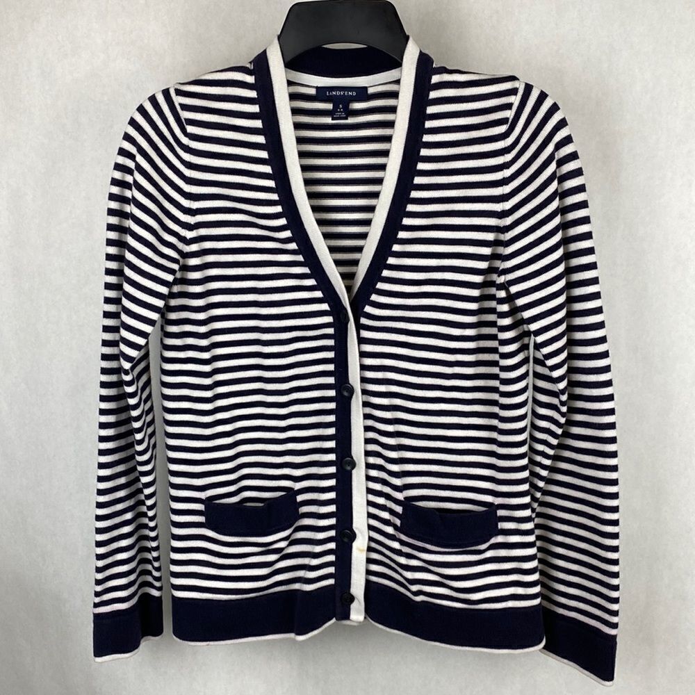 Lands’ End Cardigan Sweater Striped Small 6-8 Nautical Navy White Button Front